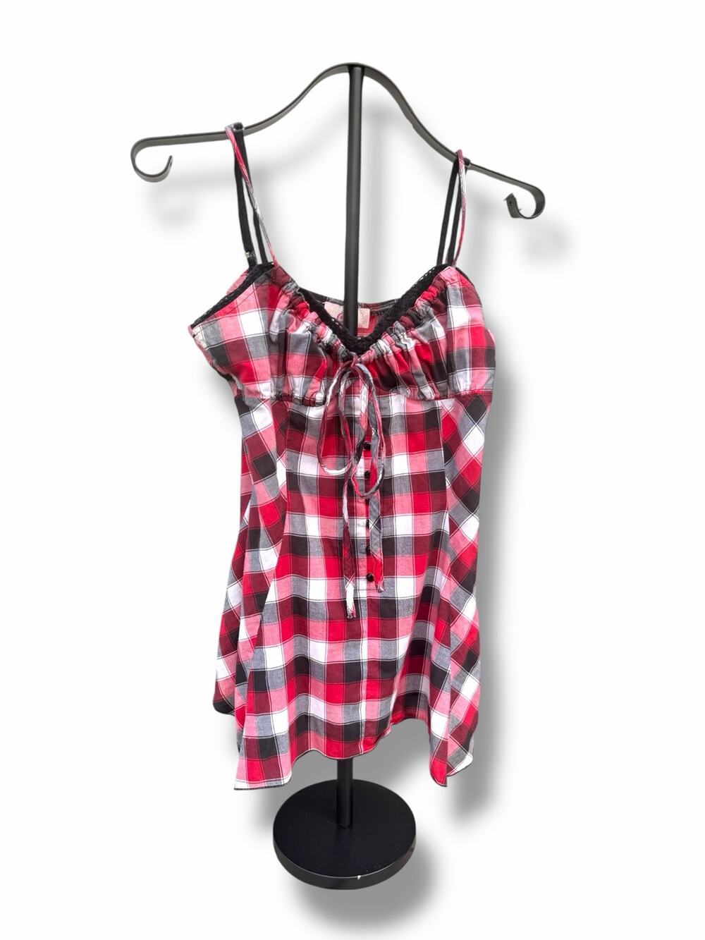 Candies Plaid Y2K Cami Tank Top Red Black Lace Trim Size Medium Whimsigoth